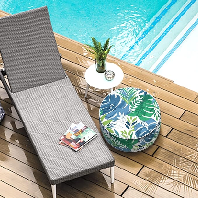 LVTXIII Outdoor/Indoor Round Inflatable Ottoman, All Weather Patio Footstool, Portable Footrest Seat for Patio Garden, Camping or Home, 21"x21"x9", Islamorada Blue Green-Ruum Studio Home