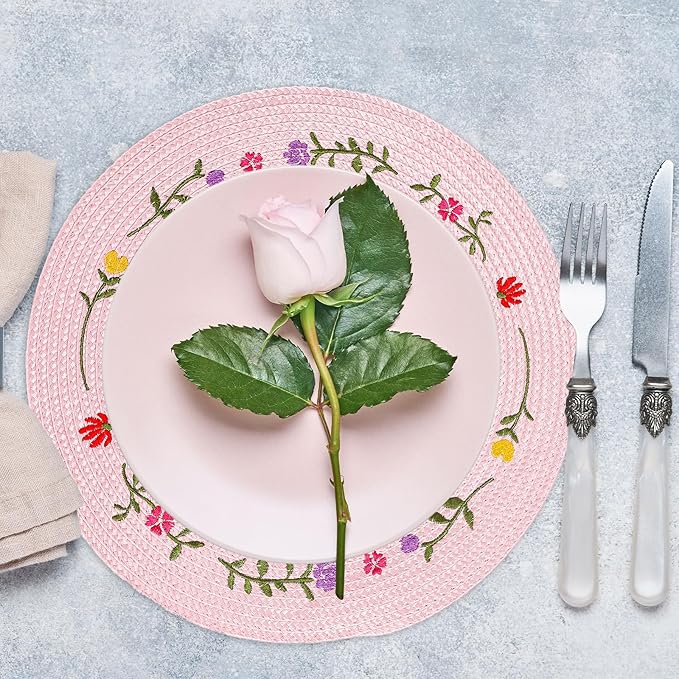 Whaline 4Pcs Round Placemats Spring Flower Embroidered Place Mats Pink Floral Dinner Table Mats for Home Holiday Wedding Bridal Baby Shower Birthday Party Decor-Ruum Studio Home