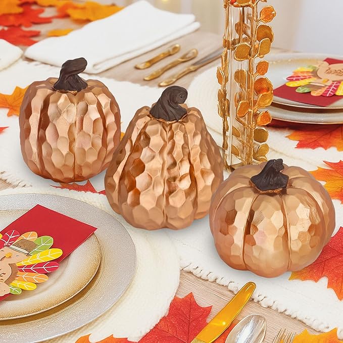 Large Pumpkin Decor Set of 3, Resin Pumpkins Thanksgiving Table Decor,5.9 Inch Faux Pumpkins Suitable for Fall Home Decor,Fall Table Decorations,Fall Mantel Decor (Gold)-Ruum Studio Home