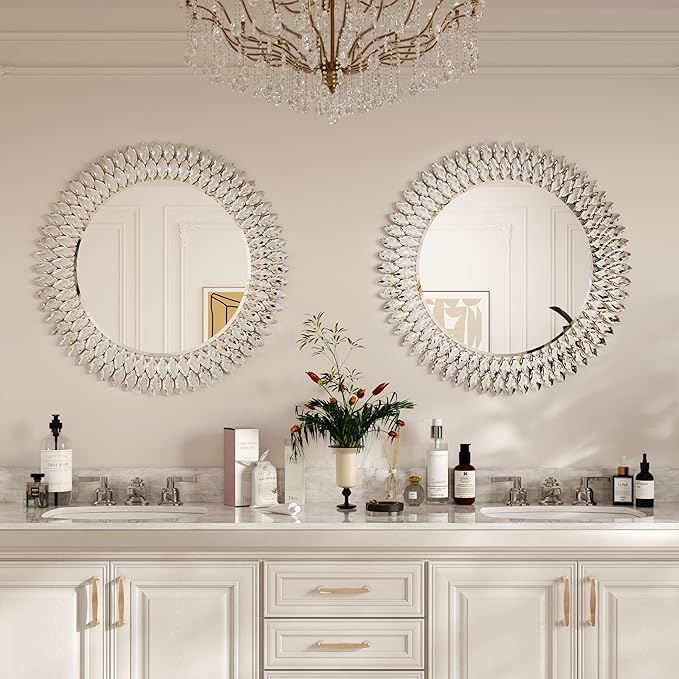 Kelly Miller Jeweled Mirror for Wall, 28 Inch Round Luxury Mirror with Sparkling Diamonds Beveled Modern Wall Decor for Bathroom, Living Room, Bedroom, Hallway-Ruum Studio Home