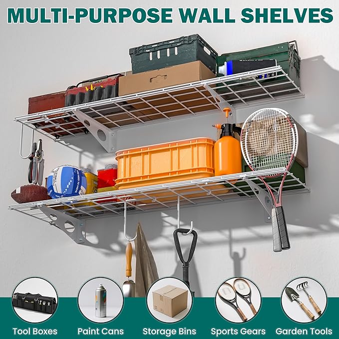 EVERHANGER Garage Wall Shelves, 12 X 48 Inch Wall Mounted Storage Shelves, Heavy Duty Metal Shelving with Hooks, 2 Pack, White-Ruum Studio Home