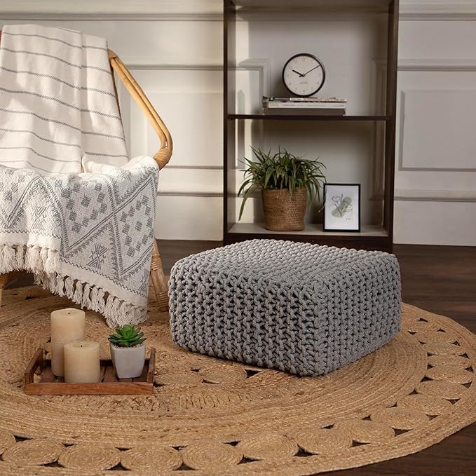REDEARTH · Cube Low Pouf Foot Stool Ottoman - Hand Knitted Poof - Cord Boho Pouffe - Home Décor - Stuffed Footrest for Living Room - Nursery - Bedroom - Patio (16" x 16" x 8") - Light Gray-Ruum Studio Home