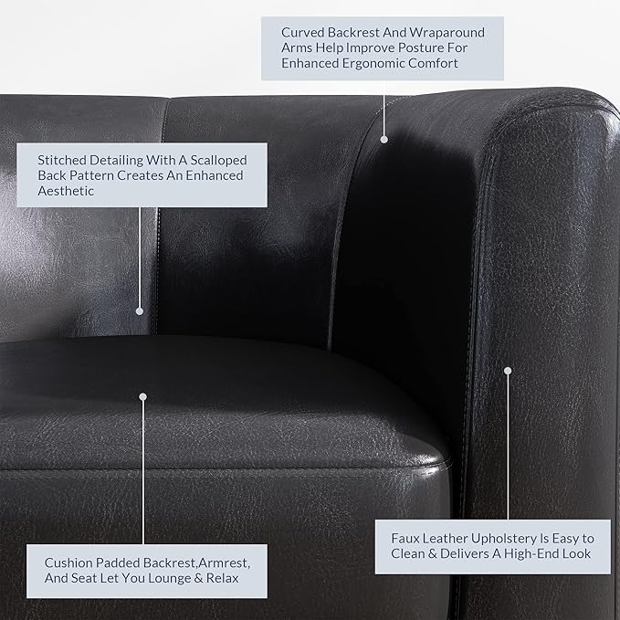 BELLEZE Accent Barrel Chair, Set of 2 Faux Leather Round Club Tub Sofa Corner Chair with Flared Legs and Cozy Soft Padding for Living Room Bedroom Waiting Room - Black-Ruum Studio Home