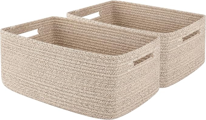 OIAHOMY Storage Basket for Shelves, Closet Cube Storage Bins Baskets for Clothes Blanket Towels, Baby Nursery, Toy Box, Woven Rope Basket, 15.75*11.81*7.09 IN, 2 Packs Brown-Ruum Studio Home