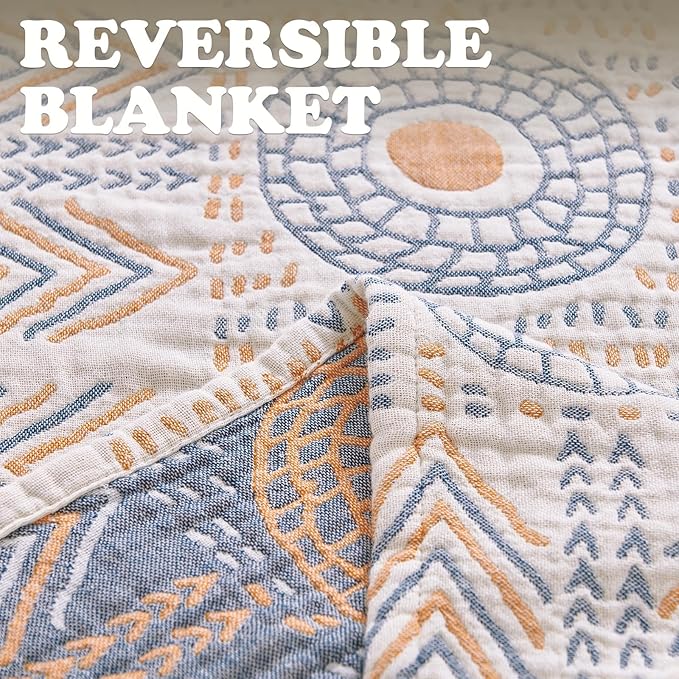 jinchan Boho 100% Cotton Muslin 50x60 Throw Blanket Lightweight 4-Layer Orange Multi Reversible Blanket Washable Breathable Decorative Geometric Striped Pattern Soft Comfy for Couch Bed All Seasons-Ruum Studio Home