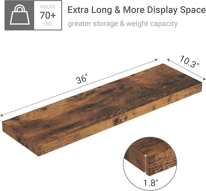 Floating Shelves 10 inches Deep, Long 36 x 10 x 1.8 Wall Shelves for Bedroom, Living Room, Kitchen, Office, Bathroom Farmhouse Shelf Home Decor with Invisible Bracket, Rustic Brown-Ruum Studio Home