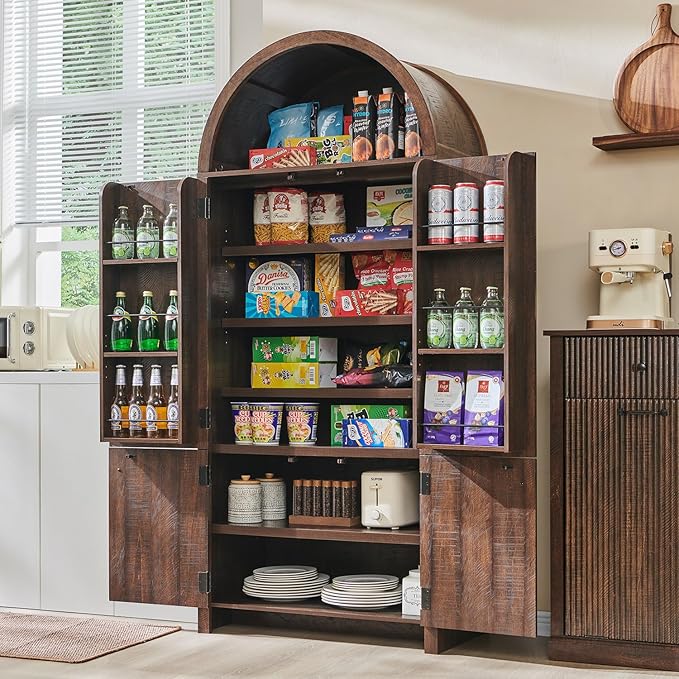 71" Tall Arched Bathroom Storage Cabinet, Modern Fluted Storage Cabinet w/Doors, 3 Adjustable Shelves, 6 Door Shelves, Wood Freestanding Cabinet for Bathroom, Entryway, Hallway, Brown-Ruum Studio Home