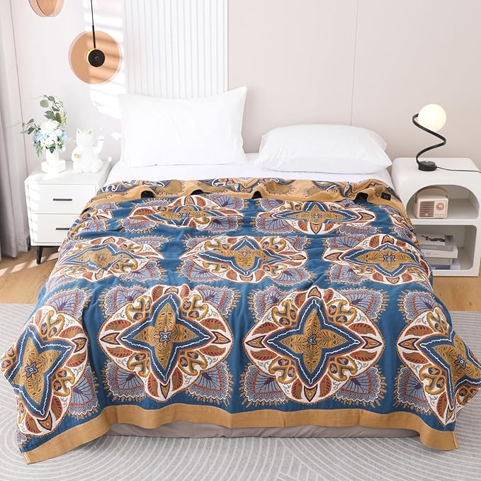 Snycler Boho Throw Blanket for Bed - 100% Cotton Ultra Soft Rustic Quilt Blanket Orange Green Printed Farmhouse Decor Bed Blankets, 80"×90" All Season Rustic Throw for Sofa Couch Chair-Ruum Studio Home