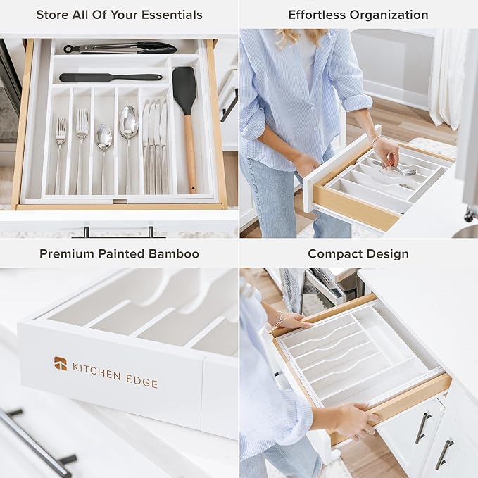 Premium Silverware, Flatware and Utensil Organizer for Kitchen Drawers, Food-Safe Contract Grade, Expandable from 14.5 to 25 In, White Bamboo-Ruum Studio Home
