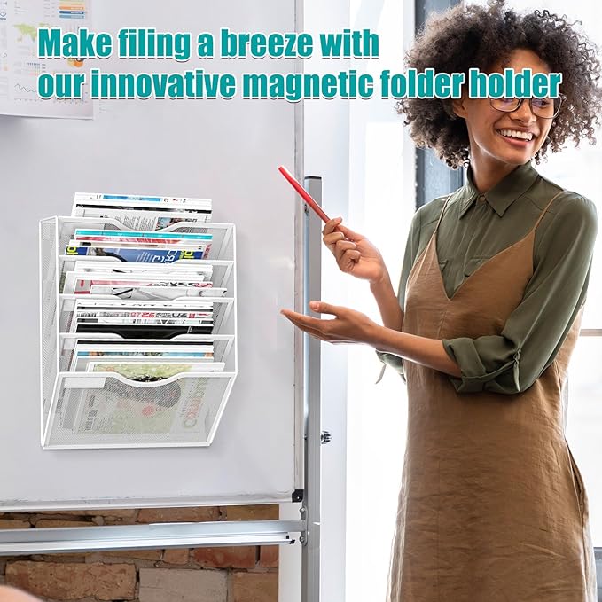 5-Tier Magnetic File Organizer, No Drilling Installation, White Magnetic Paper Holder, Magazine Rack for Refrigerator and File Cabinets-Ruum Studio Home