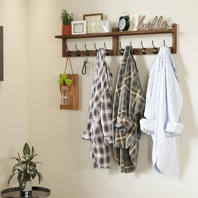 AMBIRD 34.2 inch Wooden Extra-Long Wall Hook Rack with Shelf - Versatile and Decorative Wall-Mounted Storage - 10 Hooks for Hanging Coats, Hats, Scarves - Ideal for Entryways, Bedrooms, Closets-Ruum Studio Home
