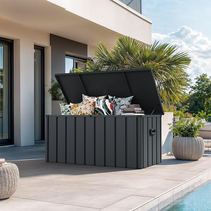 PURPLE LEAF Outdoor Deck Box 100 Gallon Waterproof Lockable Storage Box Container with Lid Deck Organization for Patio Cushions Side Table Pool Accessories Garden Tools, Gray-Ruum Studio Home