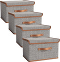 Tuza 4 Pack Storage Bins with Lids, Collapsible Closet Organizer Container, Fabric Organizer Box with Handles, Decorative Storage Boxes with Lids for Organizing Clothes, Sheet, Light Grey, Extra Large-Ruum Studio Home