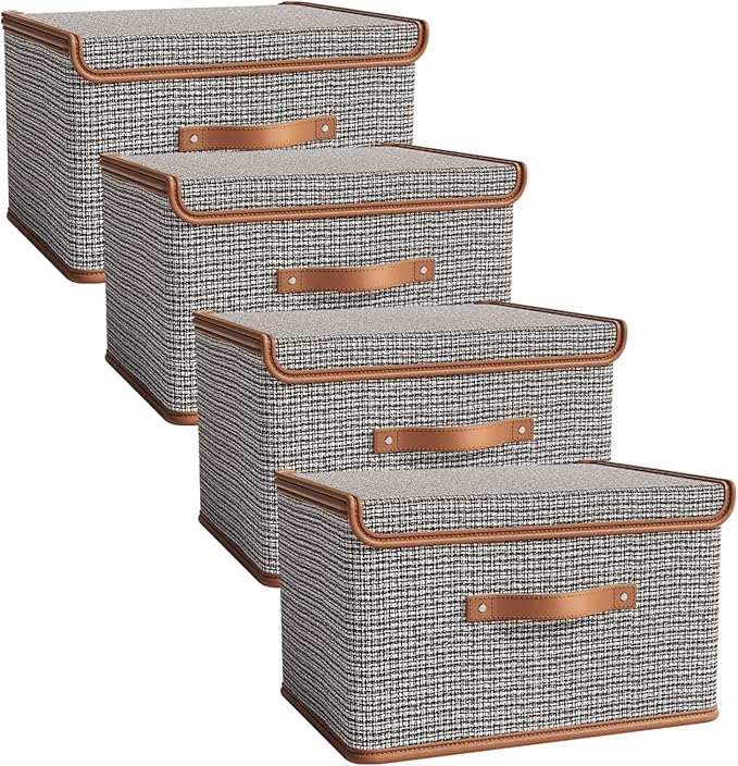 Tuza 4 Pack Storage Bins with Lids, Collapsible Closet Organizer Container, Fabric Organizer Box with Handles, Decorative Storage Boxes with Lids for Organizing Clothes, Sheet, Light Grey, Extra Large-Ruum Studio Home