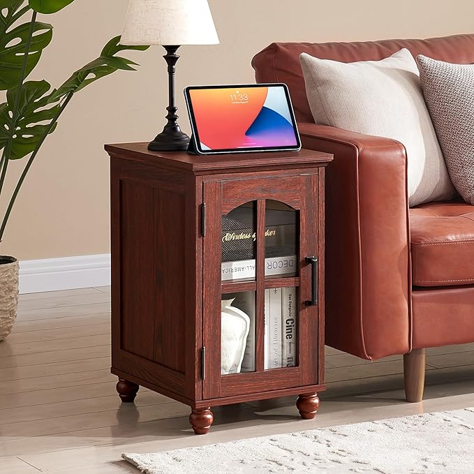 Narrow Side Table,Farmhouse Nightstand with Charging Station,Wood End Table with Glass Barn Door Storage, Cabinet Organizer with Adjustable Shelf, Night Stand for Small Spaces for Living Room Bedroom-Ruum Studio Home