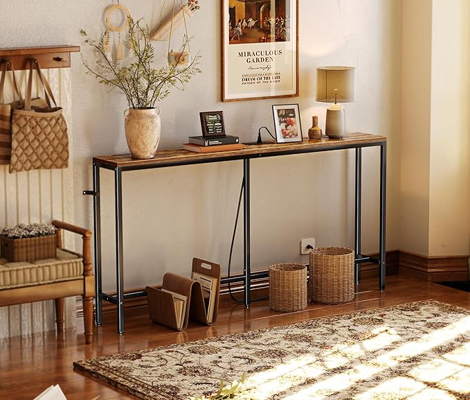 SUPERJARE Console Table with Outlet, 63 Inch Sofa Table with Charging Station, Narrow Entryway Table, Behind Couch Table, for Living Room, Plants - Rustic Brown-Ruum Studio Home
