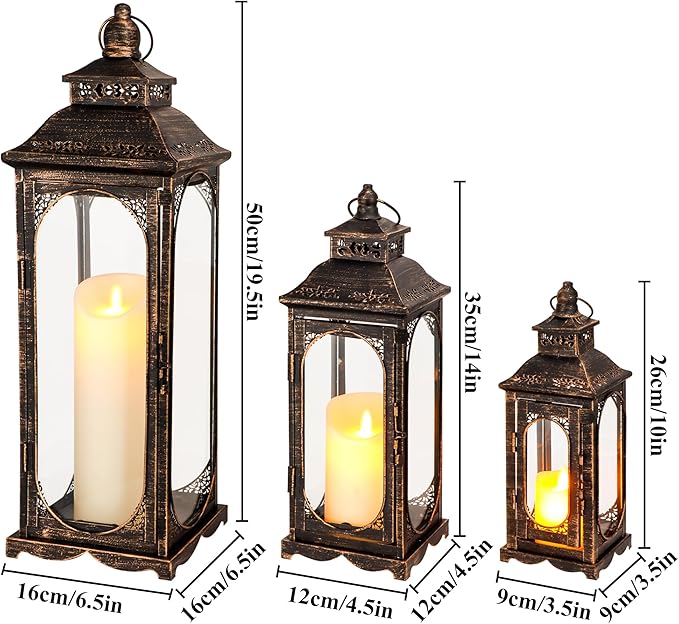TRIROCKS Set of 3 Vintage Candle Lanterns 10/14/19.5''H Decorative Outdoor Lantern Metal Candle Holder with Tempered Glass for Home Living Room Garden Yard Event Indoor Outdoor (Black with Gold Brush)-Ruum Studio Home