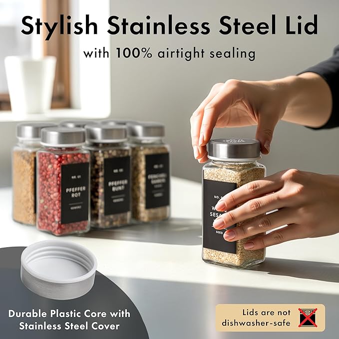 Glass Spice Jars with Labels and Steel Lids (24 x 4oz) Spice Containers with 240 Label, Steel Funnel, Shaker Inserts, Empty Square Seasoning Organizer for Spice Rack, Cabinet, Drawer-Ruum Studio Home