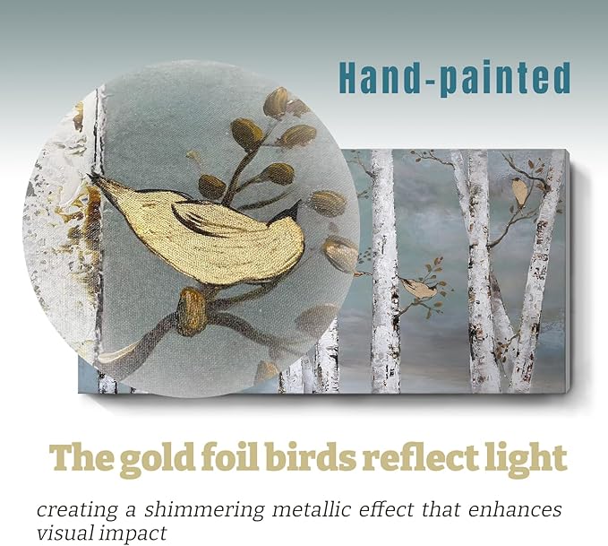 amatop Large Tree Wall Art Hand-Painted Landscape Forest Oil Painting Gallery Wrapped Framed Canvas Gold Bird Artwork 'White Birch at Night' for Living Room Bedroom Office Decor Teal White 48"x24"-Ruum Studio Home