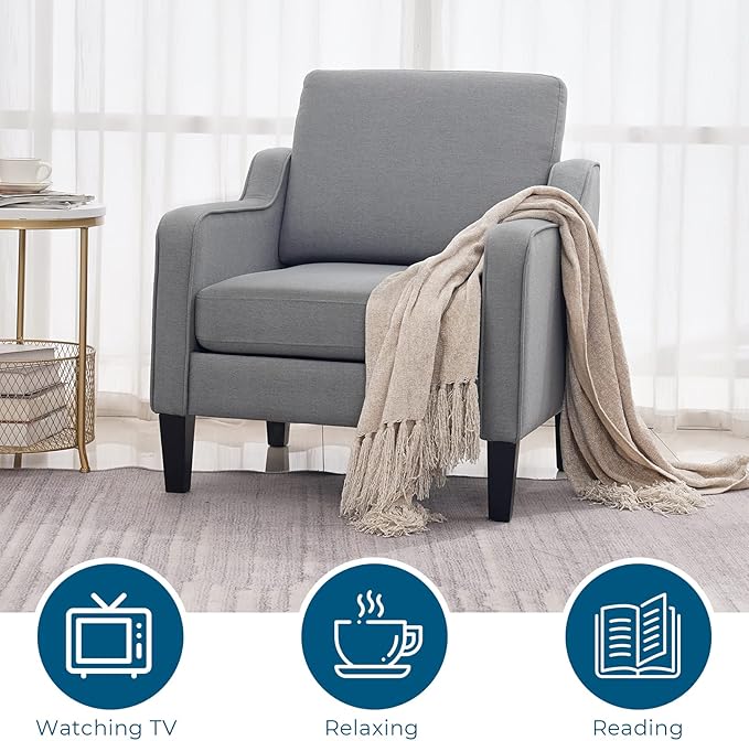 VINGLI Mid Century Modern Accent Chair, Light Grey Fabric Accent Chairs for Living Room Upholstered Armchair with Scooped Arms for Bedroom, Apartment, Studio, Office, Waiting Room-Ruum Studio Home