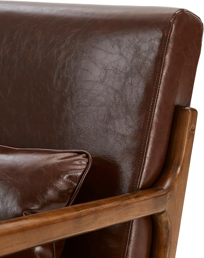 Glitzhome 30.75 "H Mid Century Coffee Accent Armchair, Single Reading Armchair PU Leather Lounge Chair with Walnut Ruberwood Frame-Ruum Studio Home