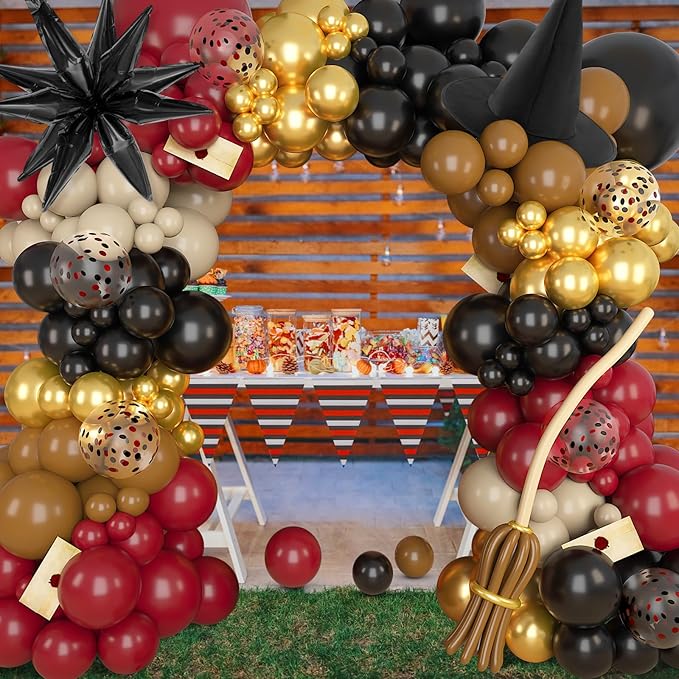 Amandir Magical School Balloons Arch Garland Kit, Maroon Burgundy Black Gold Confetti Balloons with Witch Hat Foil Star Balloon for Magic Themed Birthday Decorations Baby Shower Party Supplies-Ruum Studio Home