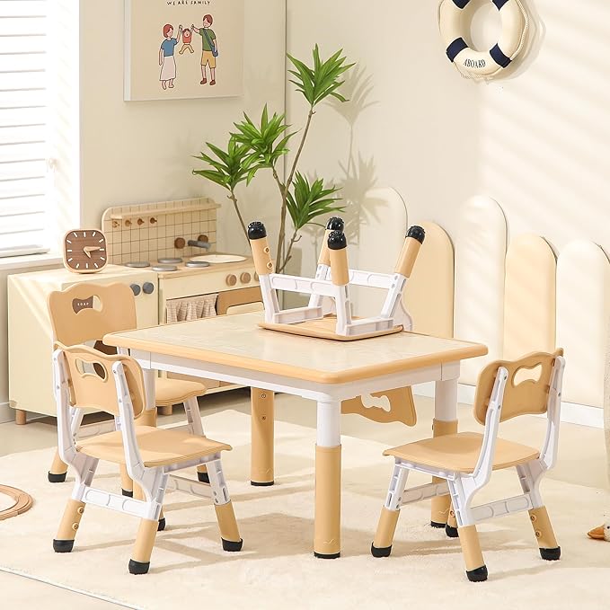 Height-Adjustable Kids Table and Chairs, 31.5''L x 23.6''W Toddler Table and 4 Chairs Set with Anti-Slip Foot Covers, Children Activity Table for Ages 2-10, Graffiti Desktop-Ruum Studio Home
