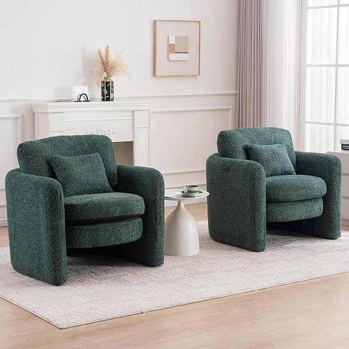 Chenille Accent Armchair Oversize Upholstered Barrel Comfy Modern Round Lounge Sofa Chair with Pillow Cozy Reading Chairs for Apartment,Office,Living Room,Dining,Makeup,Club,Green 2SET-Ruum Studio Home