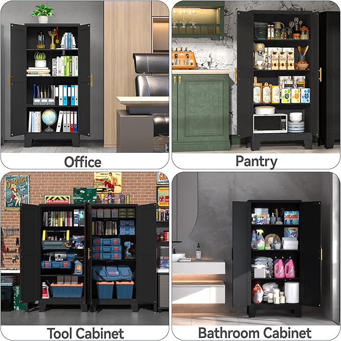 61" Balck Metal Kitchen Storage Cabinet, Kitchen Pantry Storage Cabinet with Doors and Shelves, Storage Cabinet with Adjustable Leveling Foot for Kitchen, Living Room and Dining Room-Ruum Studio Home