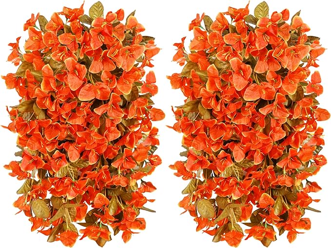 Bougainvillea Artificial Flowers Plants for Outdoors Outside Fall Autumn Decor, 2 pcs Faux Silk Long Trailing Vines UV Resistant Look Real Orange Fake Flowers for Front Door Porch Planter Urn Patio-Ruum Studio Home