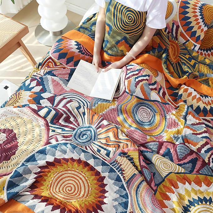 Boho 100% Cotton Muslin Blanket 4-Layer Gauze 80 x 90 Inches Summer Cooling Blanket Floral Decor Soft Cozy for Sofa Bed Coverlet Both Sides (Boho Stars, 80 x 90 in)-Ruum Studio Home