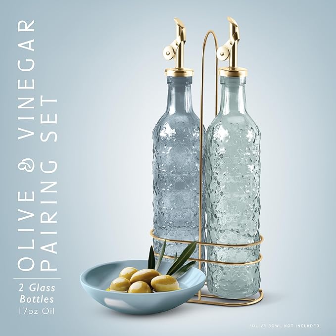 COOK WITH COLOR Glass Olive Oil Bottle Dispenser - 2 Pack- 17oz Oil and Vinegar Cruet - Olive Oil Carafe Decanter for Kitchen-Ruum Studio Home