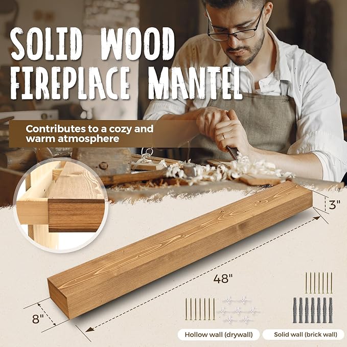 48x8x3 Fireplace Mantel - Handcrafted Hollow Rustic Solid Wood Wall Mounted Floating Shelf with Invisible Heavy Duty Wood Bracket (Natural Wood)-Ruum Studio Home