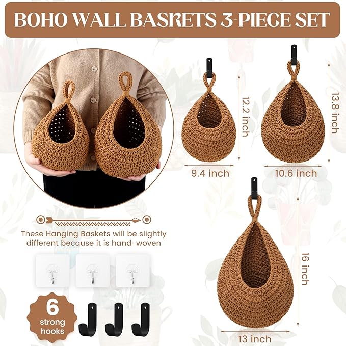 Hanging Fruit Baskets for Kitchen - 3 Pack Boho Wall Hanging Basket with 6 Pcs Strong Hooks, Handwoven Hanging Holder Teardrop Home Produce Basket for Fruits Vegetable Potato Onion Storage (Linen)-Ruum Studio Home