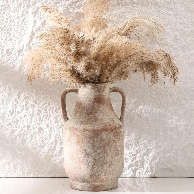 Mitt&Ditt Ceramic Flower Vase with Handles, 11 inch Tall Vase for Centerpieces, Large Decorative Terracotta Vases, Farmhouse Rustic Vases for Home Decor, Living Room, Table, Neutral-Ruum Studio Home