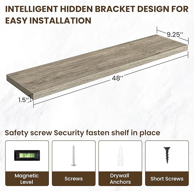 48 Inch Floating Shelves, 12 Inch Deep Floating Shelves for Wall, Floating Shelf with Invisible Brackets, 12 inch Deep Wall Shelves for Bathroom, Bedroom, Living Room, Vintage Gray Oak-Ruum Studio Home