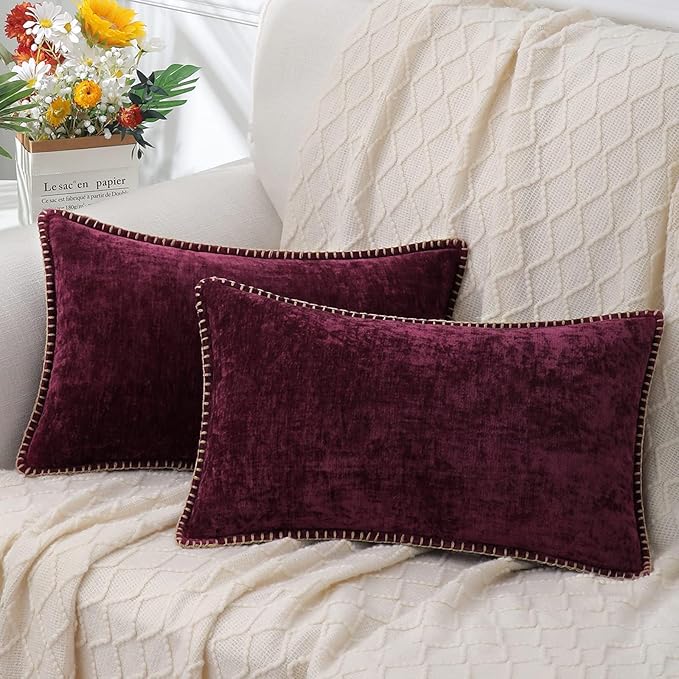 decorUhome Chenille Soft Throw Pillow Covers 12x20 Set of 2, Lumbar Velvet Farmhouse Neutral Decorative Euro Pillow Covers with Stitched Edge for Couch Sofa Bed Home Decor, Rhododendron-Ruum Studio Home