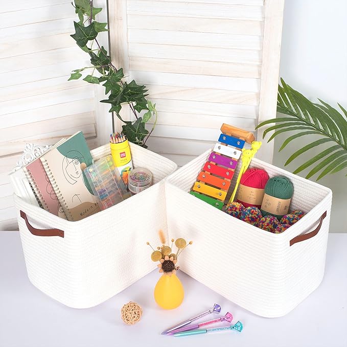 MINTWOOD Design 3-Pack Decorative Woven Storage Baskets for Shelves, Cube Bin Box for Organizing Books, Shoes, Dog Toys, Pantry Closet and Living Room Organizer, Creamy White-Ruum Studio Home