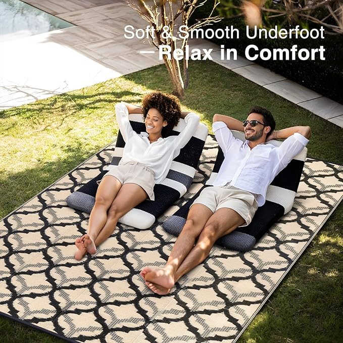 OLANLY Reversible Outdoor Rug 8x10 ft Clearance, Waterproof Outdoor Plastic Straw Rug with Interlacing Pattern, RV Mat for Patio, Camping, Balcony, Deck, Backyard, Black & Beige-Ruum Studio Home