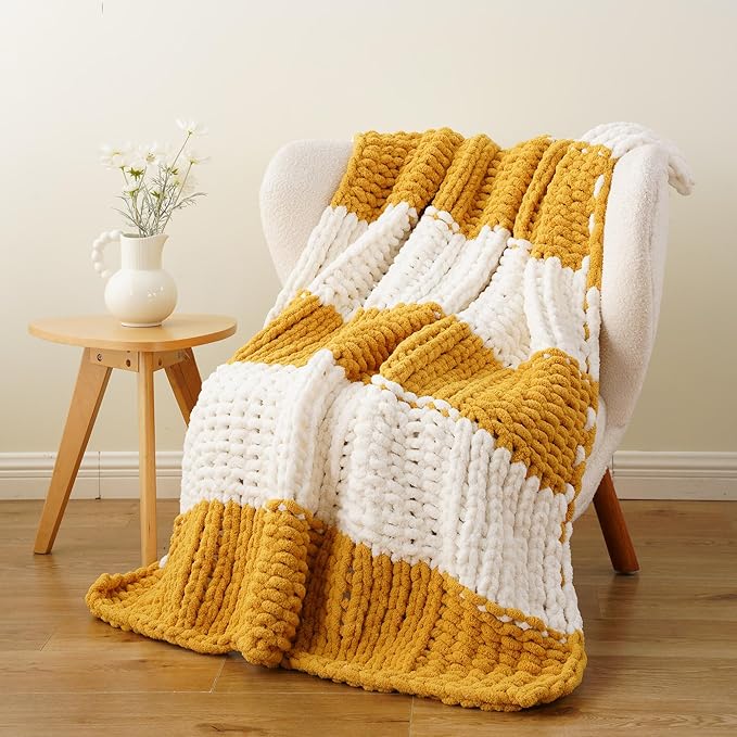 Battilo Chunky Knit Throw Blanket, Soft and Thick Chenille Throw Blanket, 50"x60" Handmade Cable Knit Crochet Blanket, Large Rope Knot Throw Blankets for Couch Sofa Bed Home Decor, Yellow & White-Ruum Studio Home