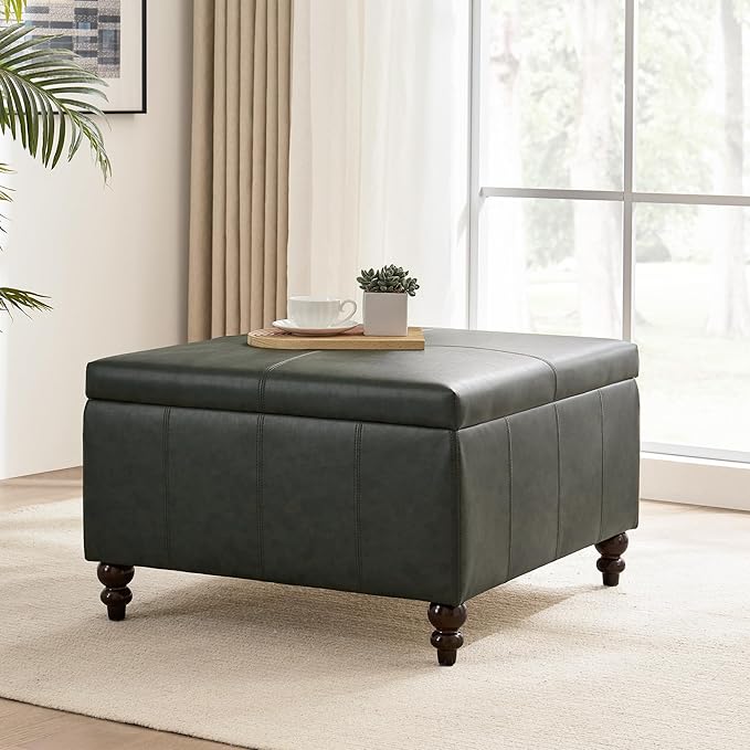 HUIMO Square Leather Storage Ottoman,Ottoman Coffee Table with Storage for Living Room (Vintagegreen)-Ruum Studio Home
