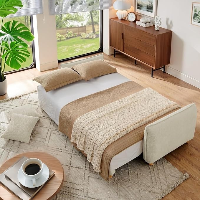 Convertible Sofa Bed, 90" Full Size Sleeper Sofa with Storage, Tufted Chenille 3 Seat Sofa Couches for Living Room, Small Spaces, Guest Room, Apartment, Beige-Ruum Studio Home