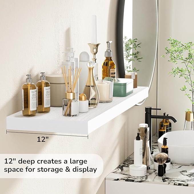 Fun Memories Floating Shelves - 2 Pack 12 Inch Rustic Wooden Wall Shelves - Extra Deeper & Thicker Wall Mounted Storage Shelf for Living Room, Kitchen, Farmhouse - 36" W x 12" D x 1.8" H - White-Ruum Studio Home