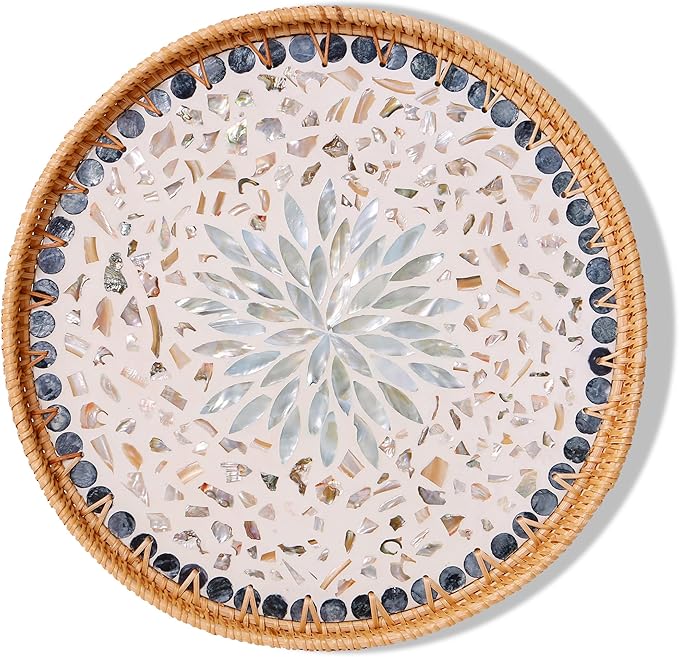 Round Rattan Tray with Mother of Pearl Inlay & Wooden Base - Decorative Wicker Serving Tray for Coffee/Bread/Fruits, Food Storage & Display - Multipurpose Home Decor (L,Blue Shells)-Ruum Studio Home