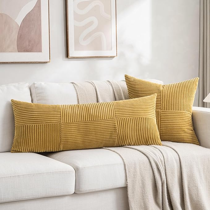 Fancy Homi 2 Packs Mustard Yellow Decorative Throw Pillow Covers 16x16 Inch for Living Room Couch Bed, Rustic Farmhouse Boho Home Decor, Soft Corss Patchwork Corduroy Textured Cushion Case 40x40 cm-Ruum Studio Home