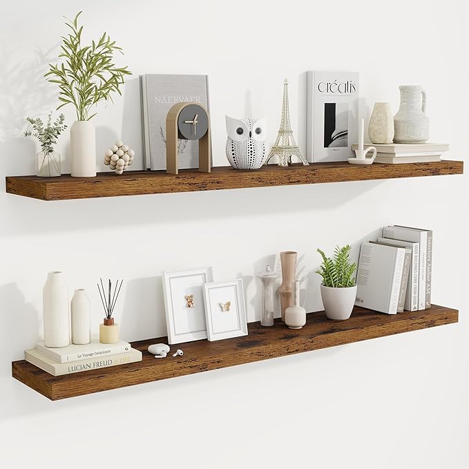 Fun Memories 55 Inch Fireplace Mantel Shelf -Long Floating Shelves, Deep Wall Mounted Farmhouse Display Shelves with Invisible Heavy Duty Metal Bracket, Brown, 2 Pack-Ruum Studio Home