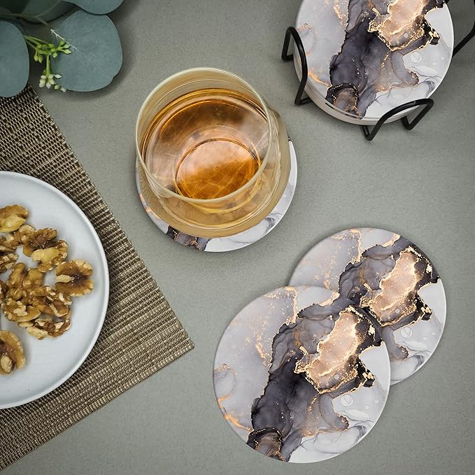 Emerson Coasters for Drinks Absorbent – Saucers Coffee Table Set of 6 with Holder, 100% Ceramic Wooden Tabletop Protection Marble Style, Non-Slip & Cork Bottom - Heavy Duty Drink Coasters (Crown)-Ruum Studio Home