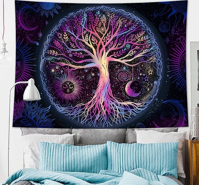 FORATER Tree of Life Tapestry Wall Hanging Colorful Life Tree Tapestries Aesthetic Sun and Moon Galaxy Wall Tapestry for Bedroom Living Room Dorm(53 x 61 Inch, Multicolor)-Ruum Studio Home