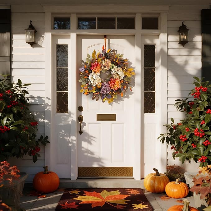 24Inch Fall Wreaths for Front Door,Fall Wreath with Beige Hydrangea,Orange Dahlia Artificial Flowers,Pumpkins,Autumn Wreaths for Harvest Thanksgiving Halloween Indoor Outdoor Home Decor-Ruum Studio Home