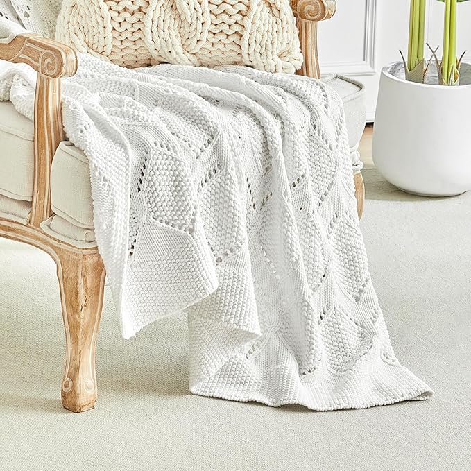 Longhui bedding Chunky Cotton Knit Throw Blanket for Couch, Sofa, Bed, or Chair, Decorative Breathable Fall Cable Knit Blanket 51 x 63 Inches, Medium Weight Cream-Ruum Studio Home